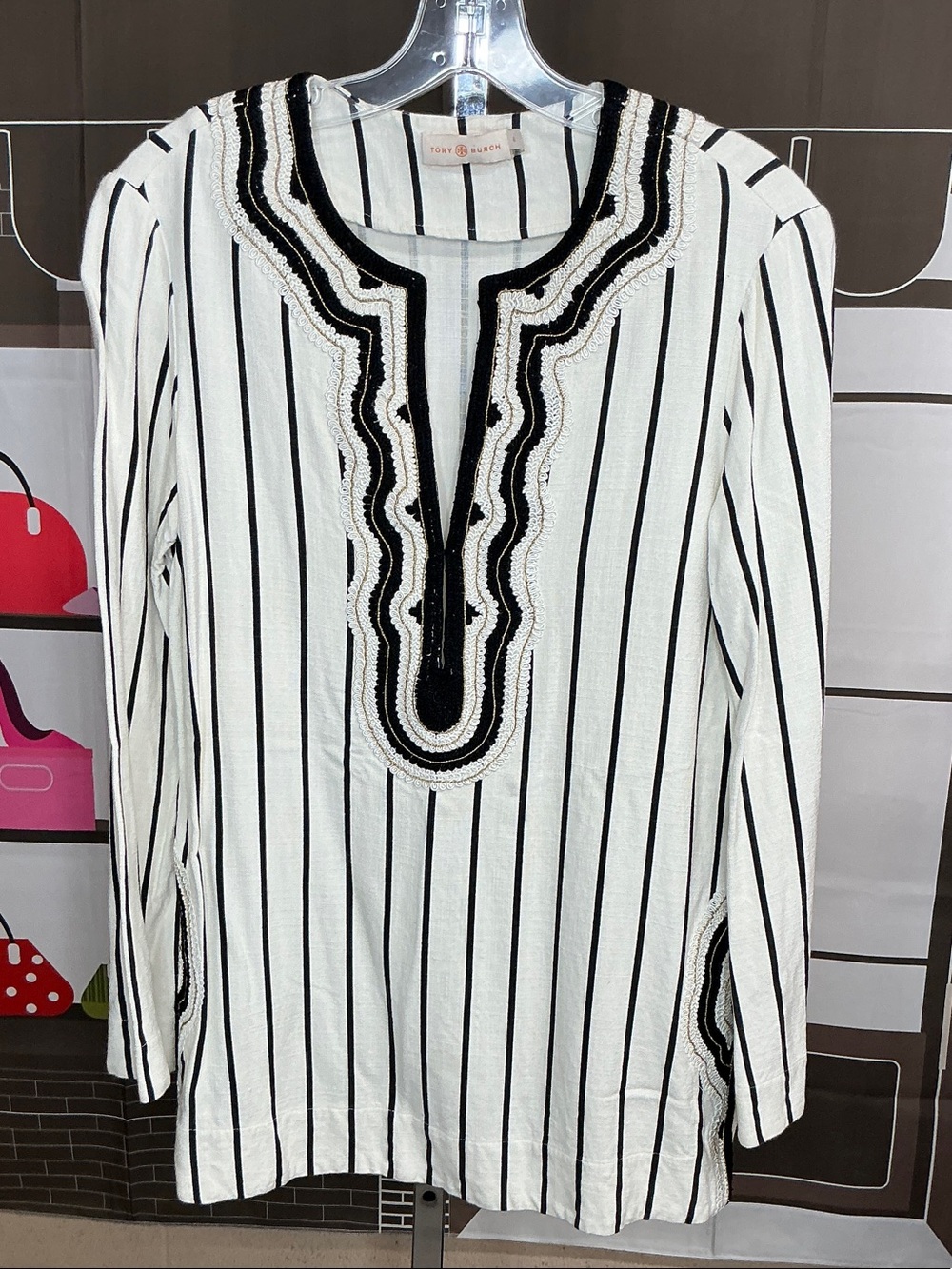 Tory Burch Black and White Striped Embroidered Tunic sz 6 # 2294